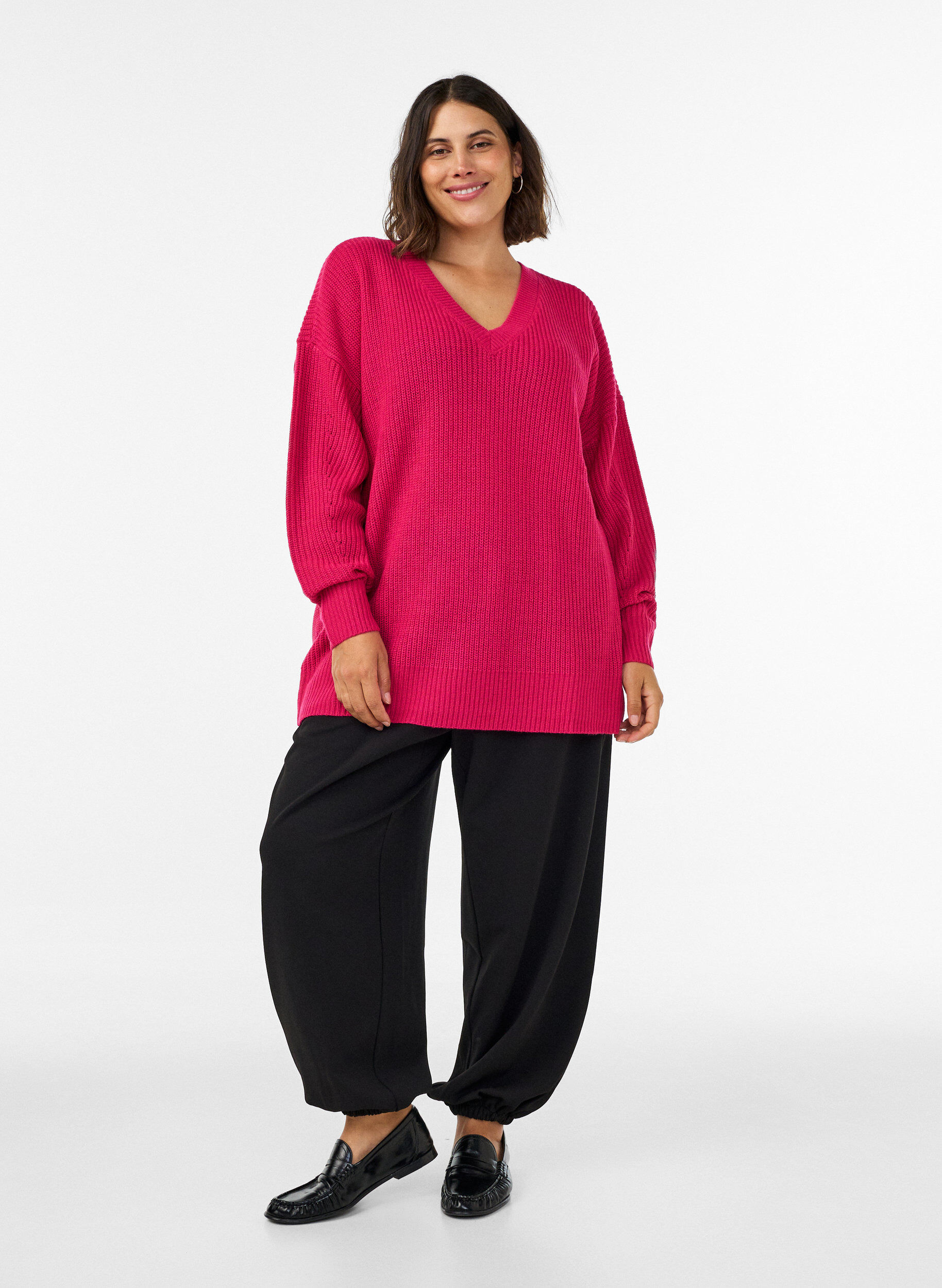 ZizziL&aring;ng ribbstickad blus med V-ringning, Rosa, Model image number 1