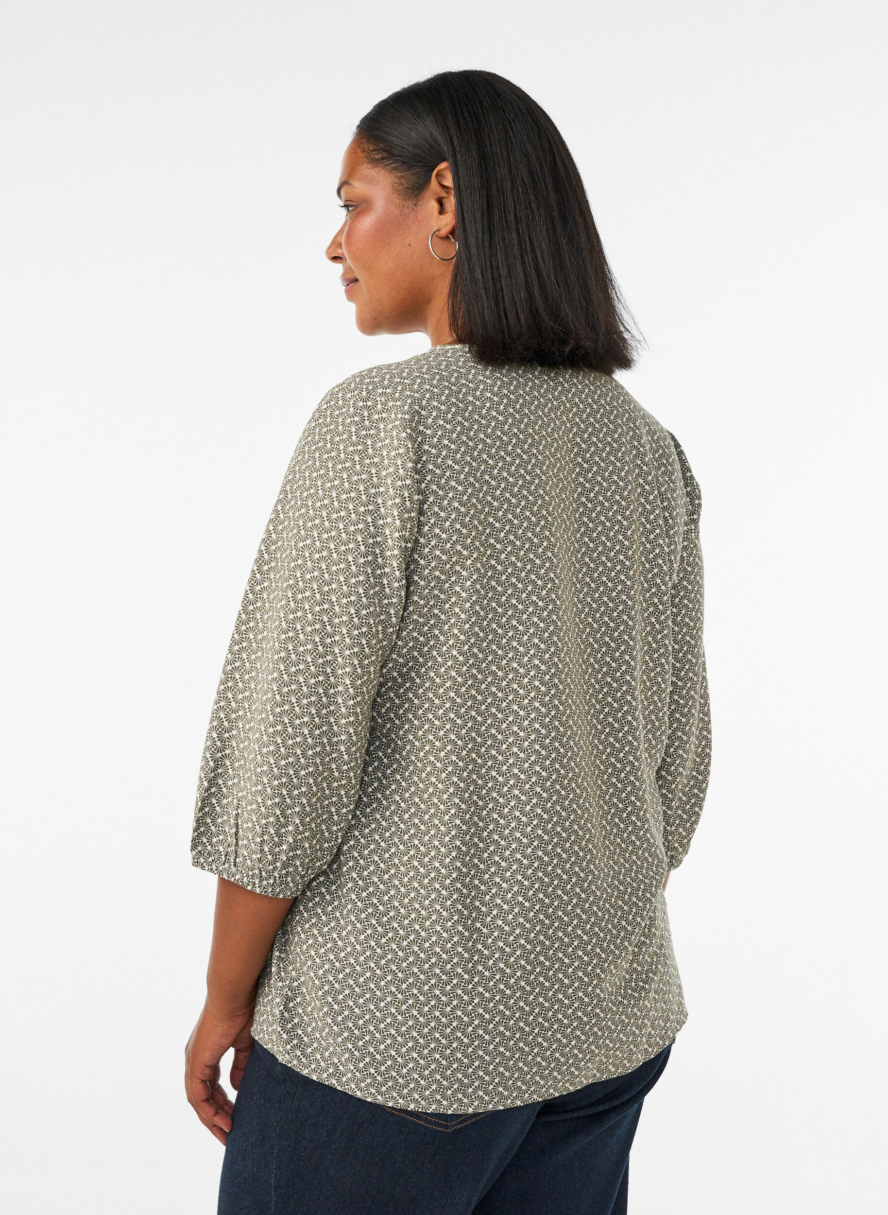 ZizziM&ouml;nstrad blus i viskos med 3/4-&auml;rm, Gr&ouml;n, Model image number 2