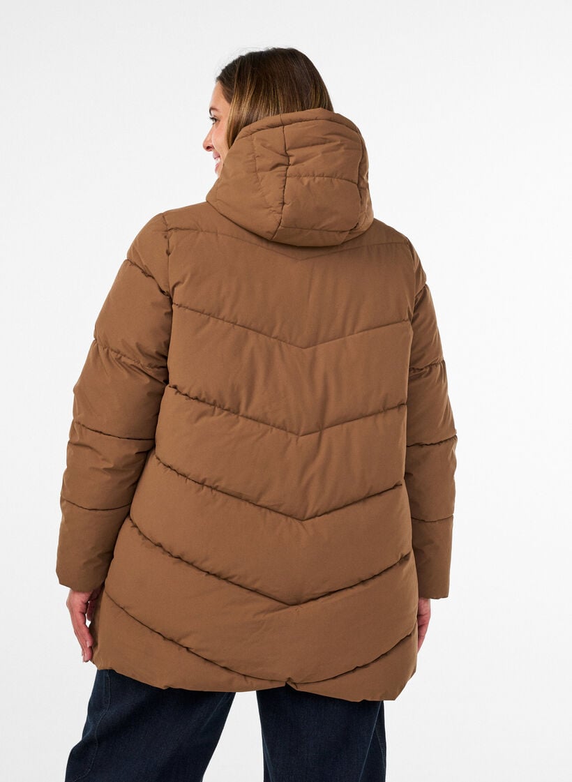 Halvl&aring;ng pufferjacka med huva, Brun, Model image number 2