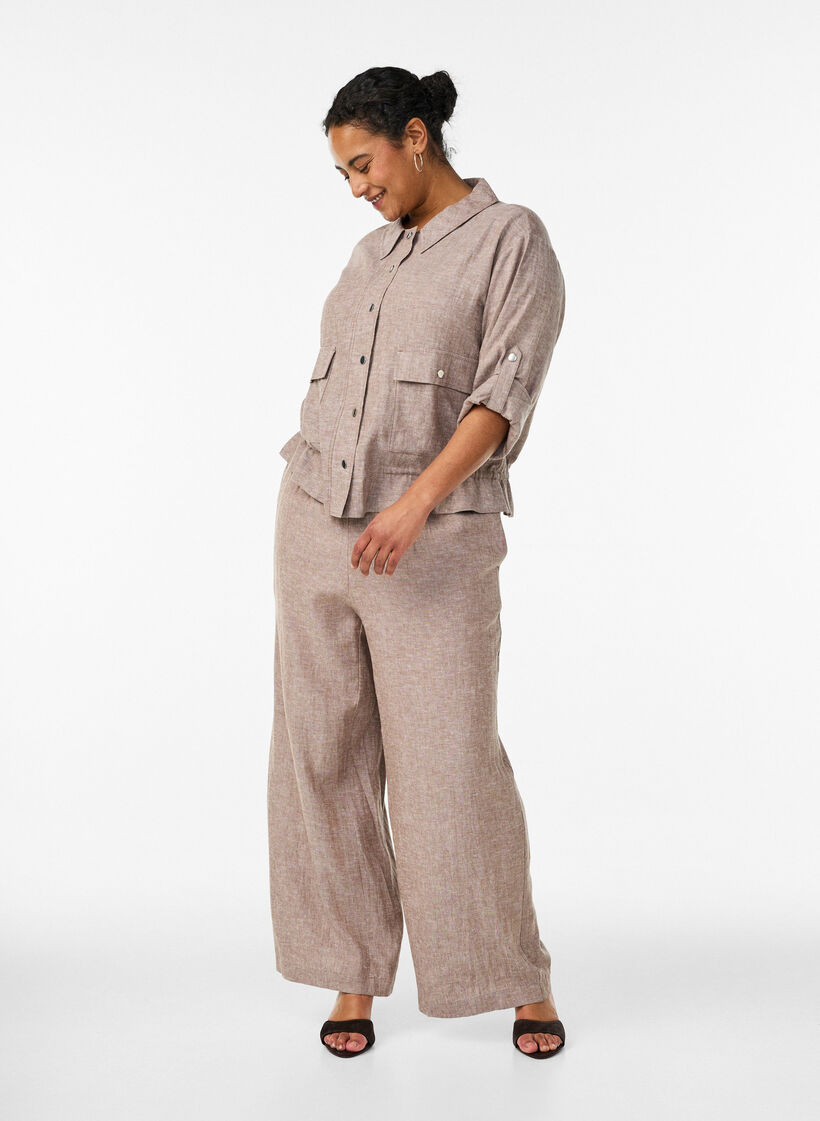 Skjortblus i linne och viskos med justerbar midja, Brun, Model image number 1