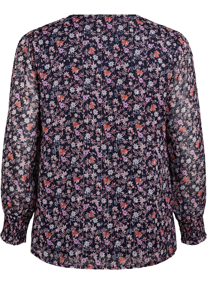 Blus med blomm&ouml;nster och glittertr&aring;d, Bl&aring;, Packshot image number 1