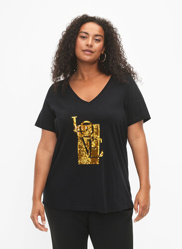 T-shirt i bomull med paljetter, Black w. Love, Model image number 0