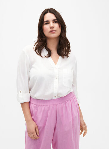Skjortblus med knäppning i en blandning av bomull och linne, Bright White, Model image number 0