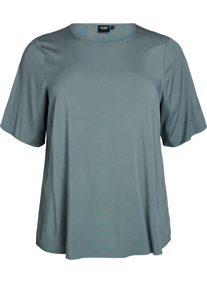 Kort&auml;rmad v&auml;vd blus med rund hals, Gr&ouml;n, Packshot image number 0