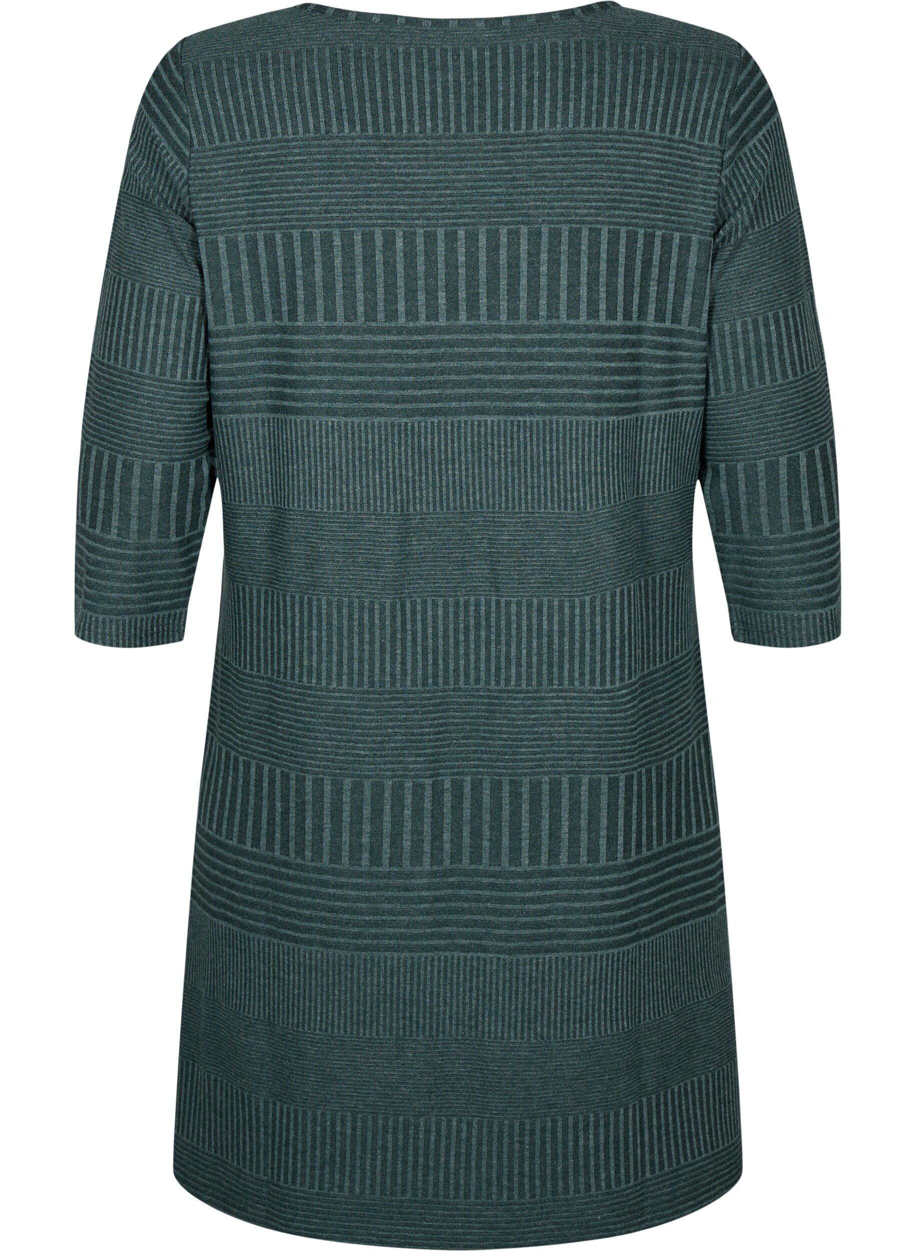 Zizzi Kl&auml;nning med trekvarts&auml;rm och randigt m&ouml;nster, Scarab Melange, Packshot image number 1