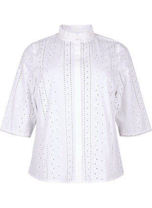 Bomullsskjorta med hålmönster, Bright White, Packshot image number 0