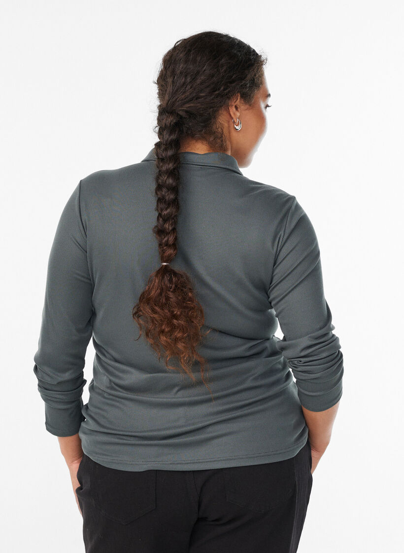 Pikétröja i mjuk ribb med långa ärmar, Grön, Model image number 2