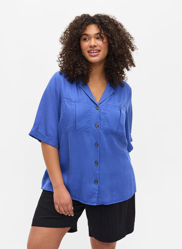 Kortärmad skjorta med bröstfickor, Dazzling Blue, Model image number 0