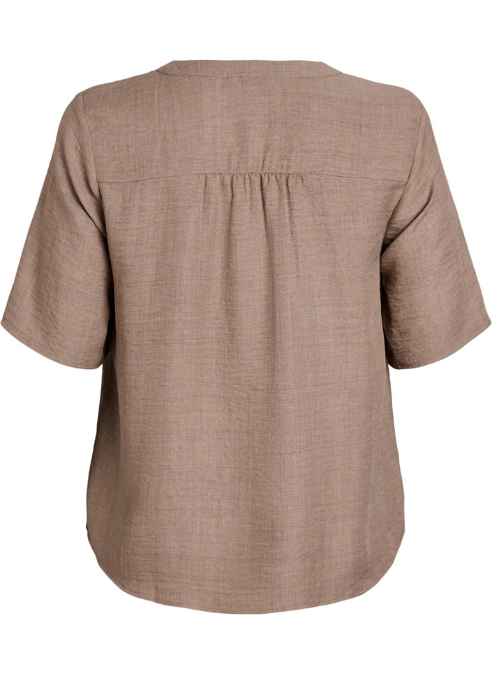 V-ringad skjortblus med korta &auml;rmar, Brun, Packshot image number 1