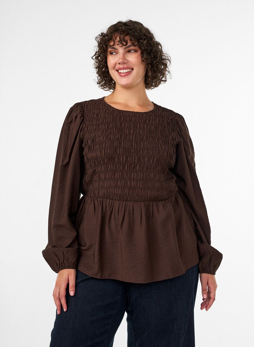 Blus med smock och l&aring;nga &auml;rmar, Brun, Model image number 0