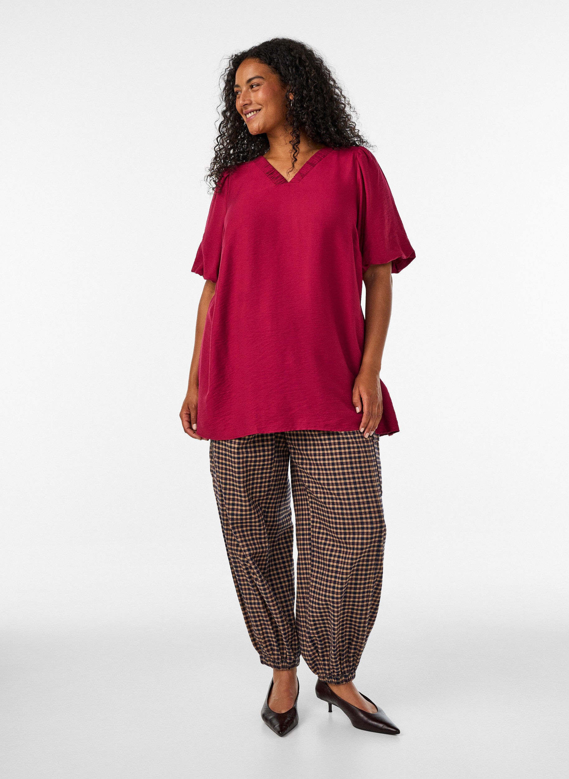 ZizziTunika med ballong&auml;rmar och v-ringning, R&ouml;d, Model image number 1