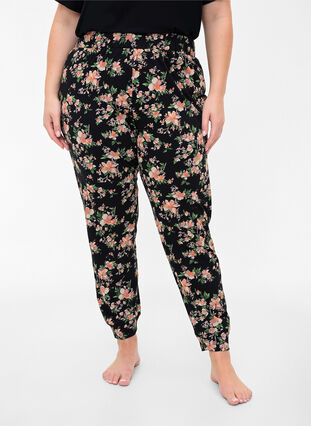 Pyjamasbyxor med blommigt mönster i bomull, Black Flower, Model image number 2