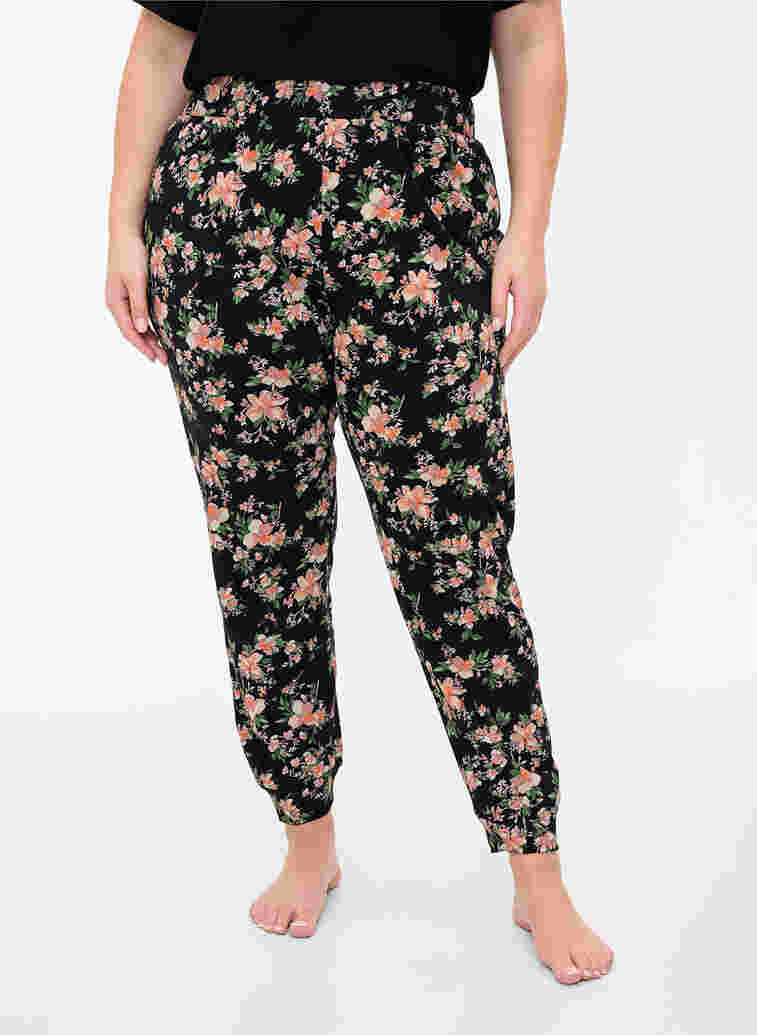 Pyjamasbyxor med blommigt mönster i bomull, Black Flower, Model image number 2