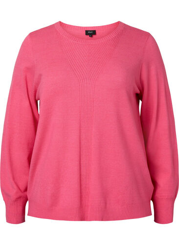 Enfärgad stickad tröja med ribbade detaljer, Hot Pink Mel., Packshot image number 0