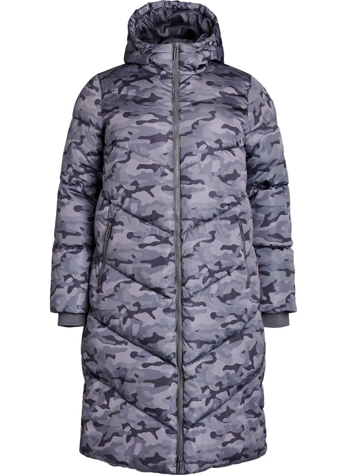 L&aring;ng kamouflagem&ouml;nstrad pufferjacka, Gr&aring;, Packshot image number 0