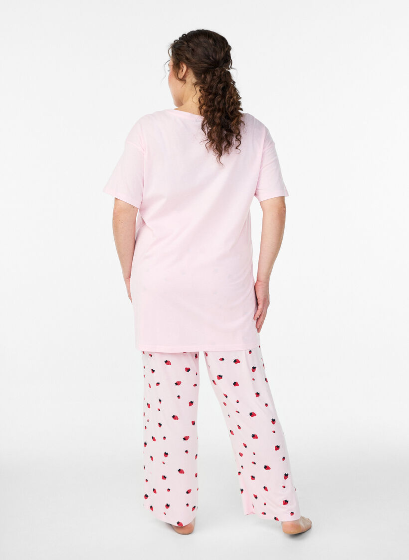 Pyjamasbyxor i mjuk jersey med h&ouml;g midja och fruktm&ouml;nster, Rosa, Model image number 1