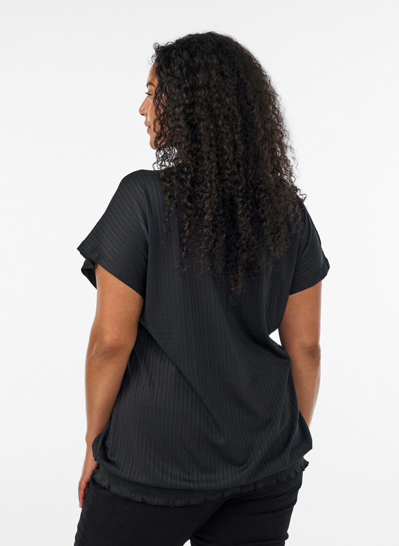 Blus i jersey med texturerade r&auml;nder och smock i nederkanten, Svart, Model image number 2
