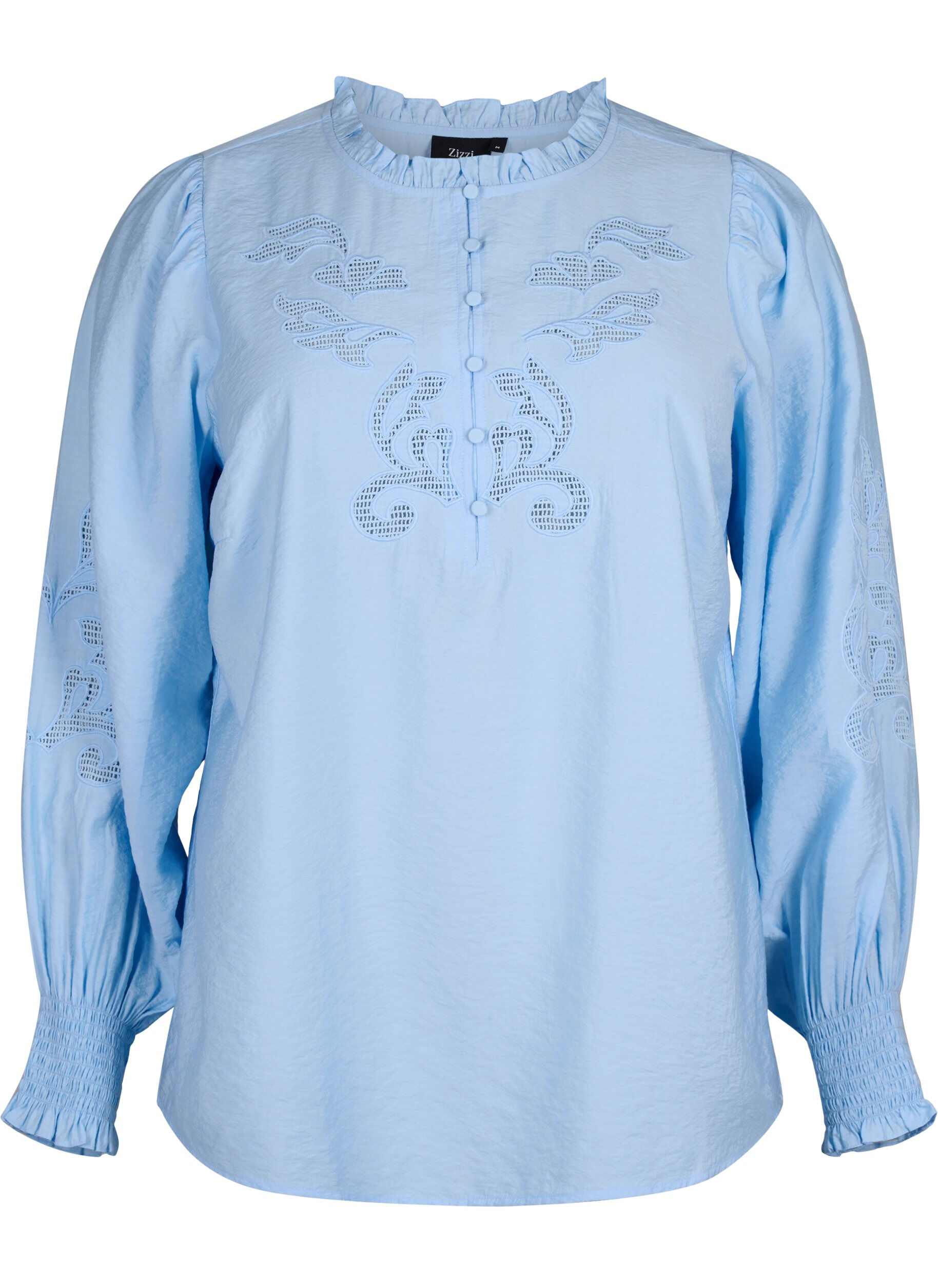 Zizzi Blus med volanger och Broderie anglaise, Chambray Blue, Packshot image number 0