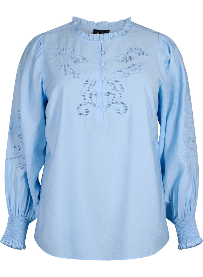 Blus med volanger och Broderie anglaise, Chambray Blue, Packshot image number 0