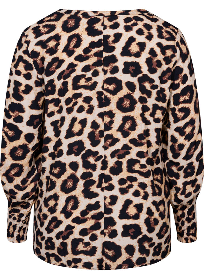 Mönstrad viskosblus med smock, Leo AOP, Packshot image number 1