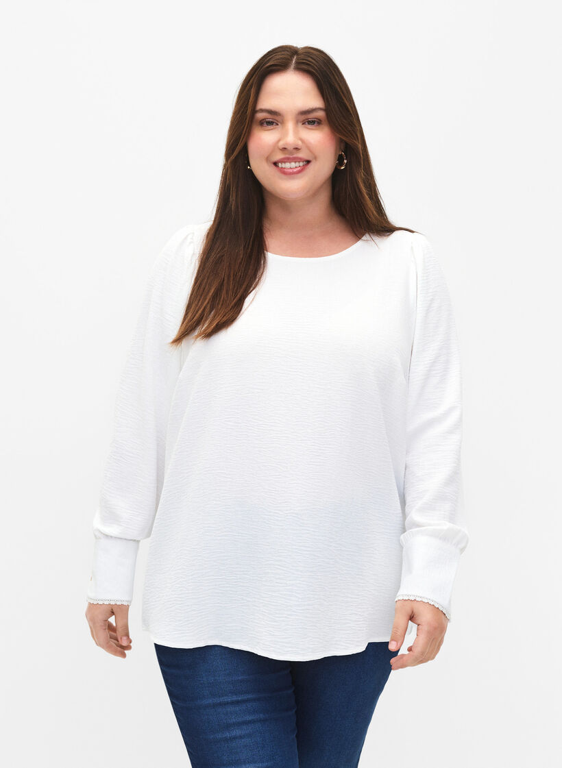Långärmad blus med textur, Bright White, Model image number 0