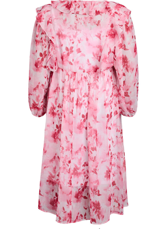 Blommig kl&auml;nning i chiffong med volanger och l&aring;nga &auml;rmar, Rosa, Packshot image number 1