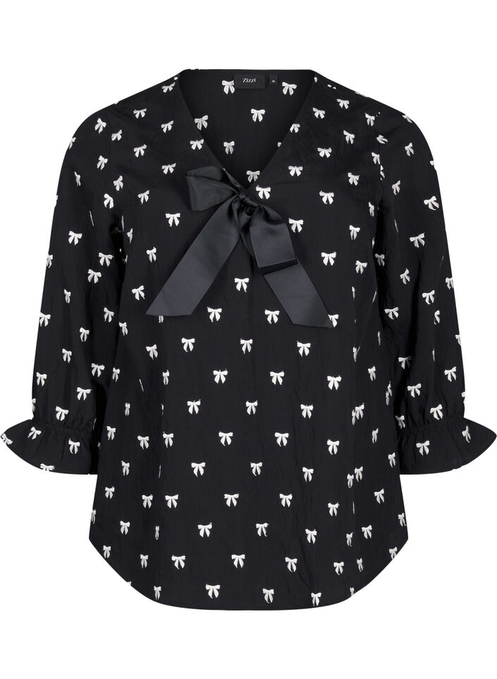 Blus med rosetter och trekvartsärmar, Black White Bow, Packshot image number 0