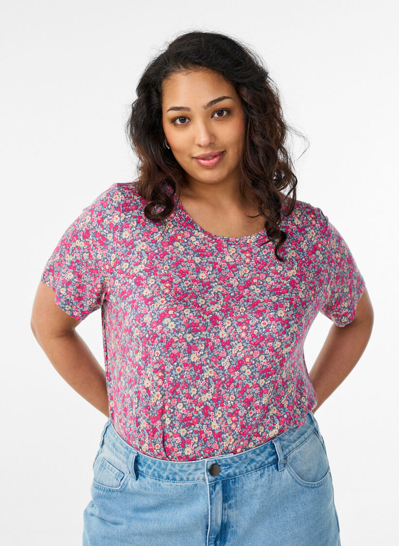 T-shirt med blommigt tryck, Rosa, Model image number 0