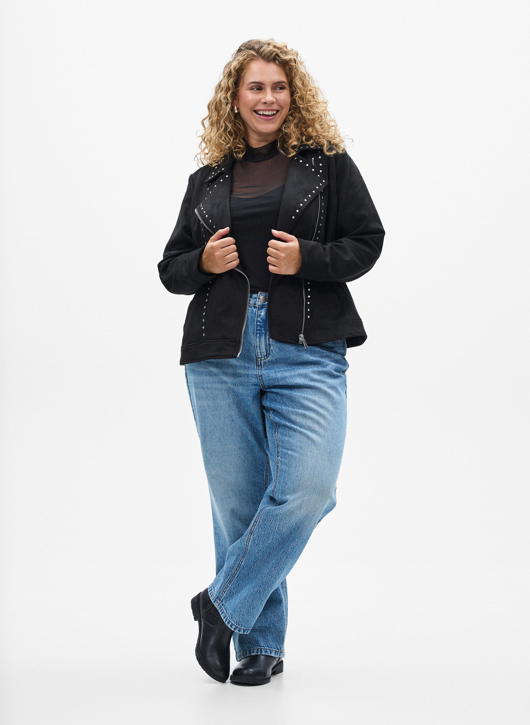 Zizzi Bikerjacka i imitationsmocka med nitar, Svart, Model image number 1