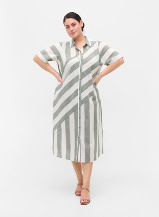 Kortärmad skjortklänning i bomull med ränder, Thyme Stripe, Model image number 2