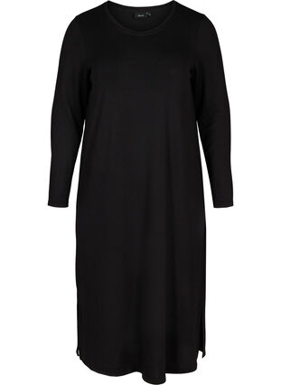 Enfärgad klänning med långa ärmar och slits, Black, Packshot image number 0