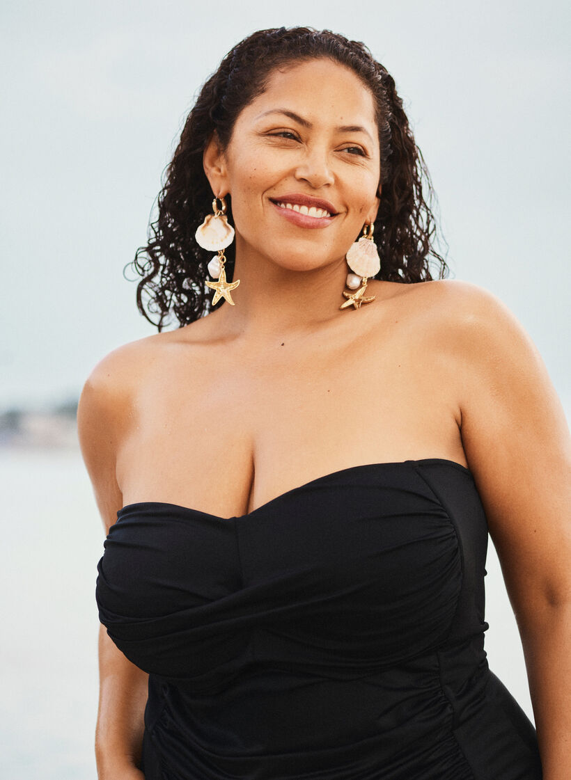 Axelbandsl&ouml;s baddr&auml;kt med drapering och vadderade kupor, Svart, Image image number 0