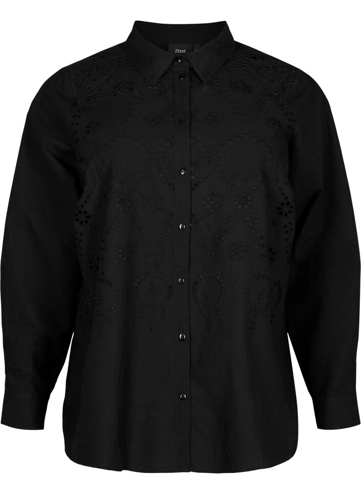 Bomullsskjorta med broderi anglaise, Black, Packshot image number 0