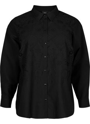 Bomullsskjorta med broderi anglaise, Black, Packshot image number 0