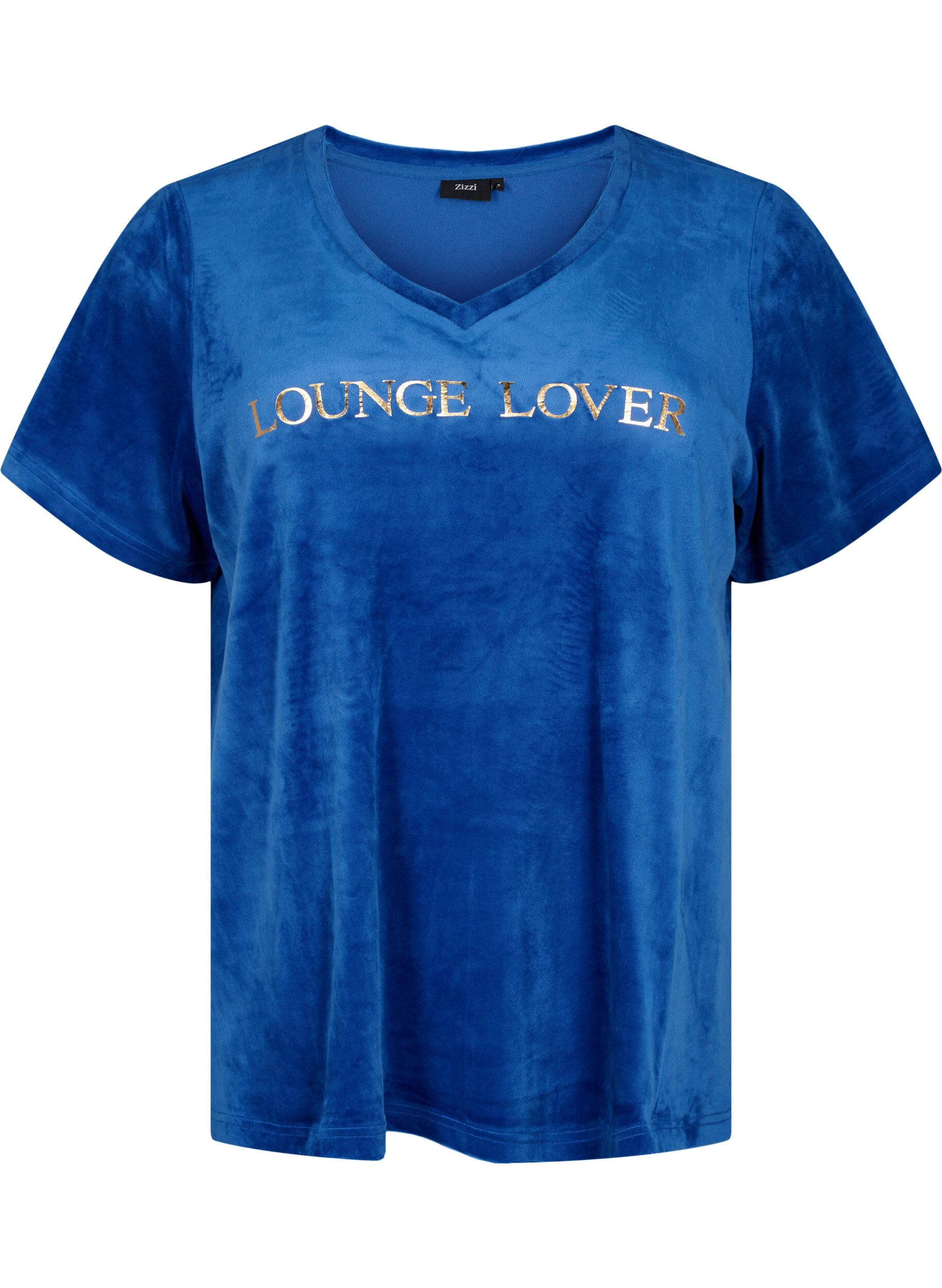 Zizzi V-ringad T-shirt i velour, Monaco Blue, Packshot image number 0