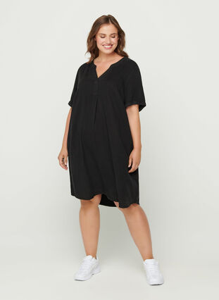 Kortärmad klänning i lyocell, Black, Model image number 2