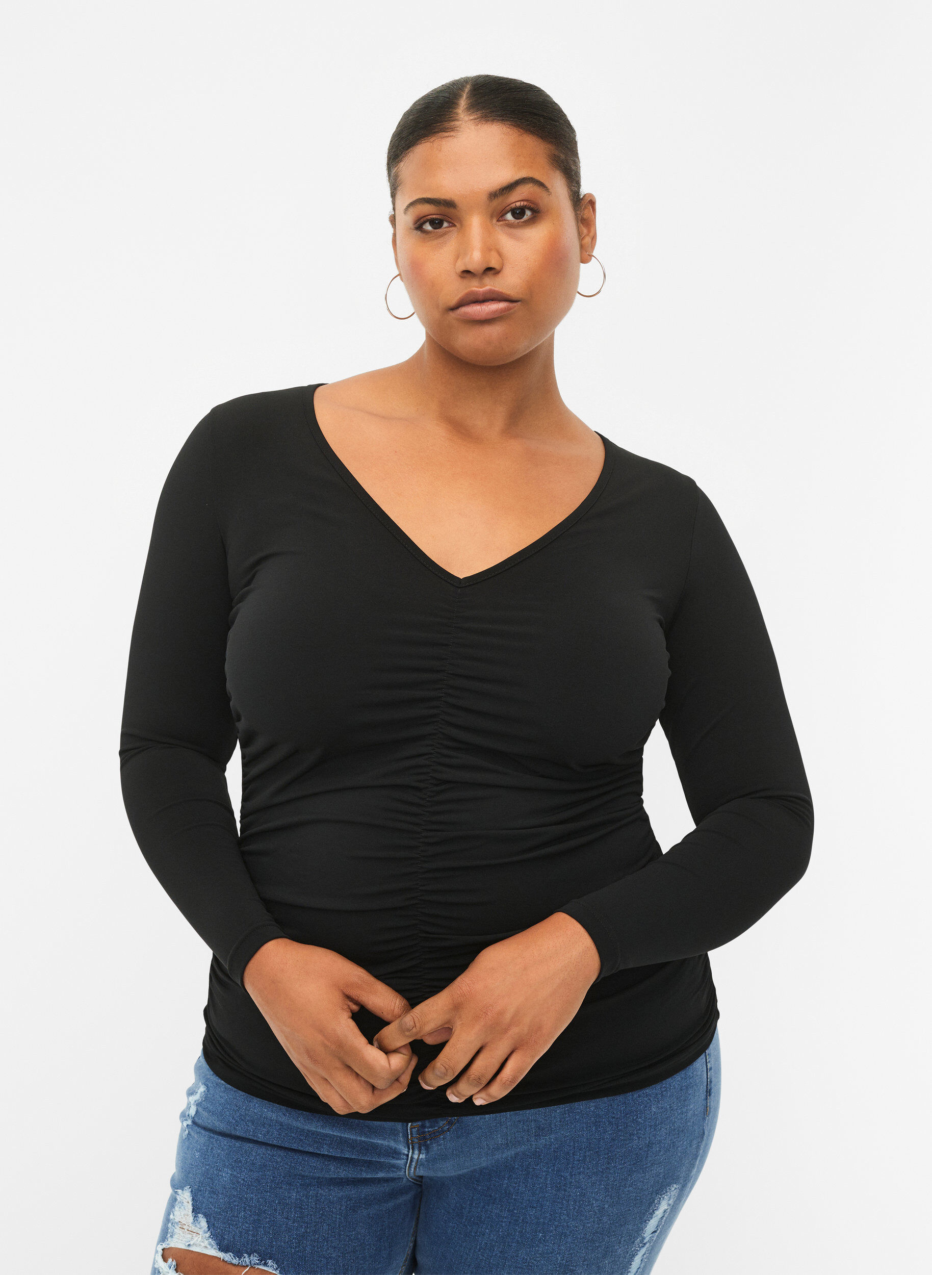 Zizzi Blus med v-ringning och drapering, Black, Model image number 0