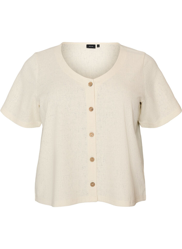Blus i bomull med struktur och knappkn&auml;ppning, Vanilla, Packshot image number 0