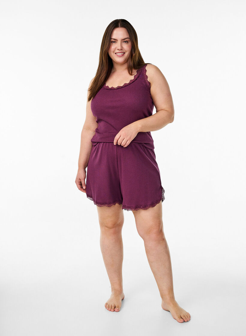 L&ouml;sa nattshorts med ribbstickad textur och spetskant, M&ouml;rk Bordeaux, Model image number 1