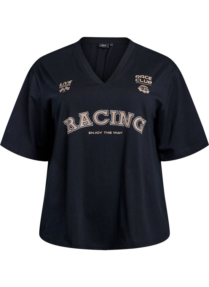 Oversized t-shirt med racingtryck, Svart, Packshot image number 0