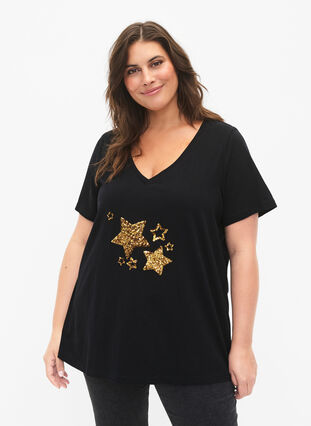 T-shirt i bomull med paljetter, Black W. Star, Model image number 0