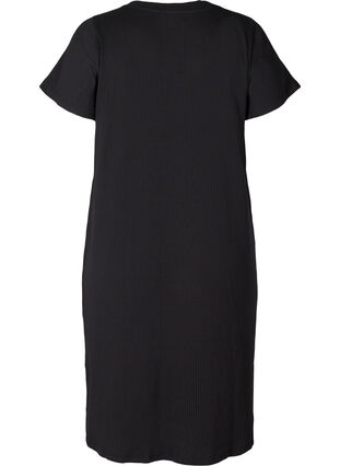 Ribbad klänning med korta ärmar och slits, Black, Packshot image number 1