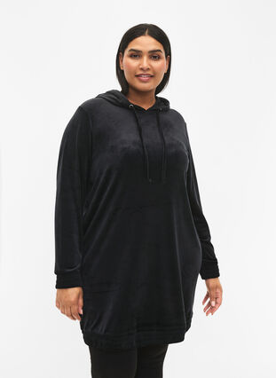 Sweatshirtklänning i velour med huva, Black, Model image number 0