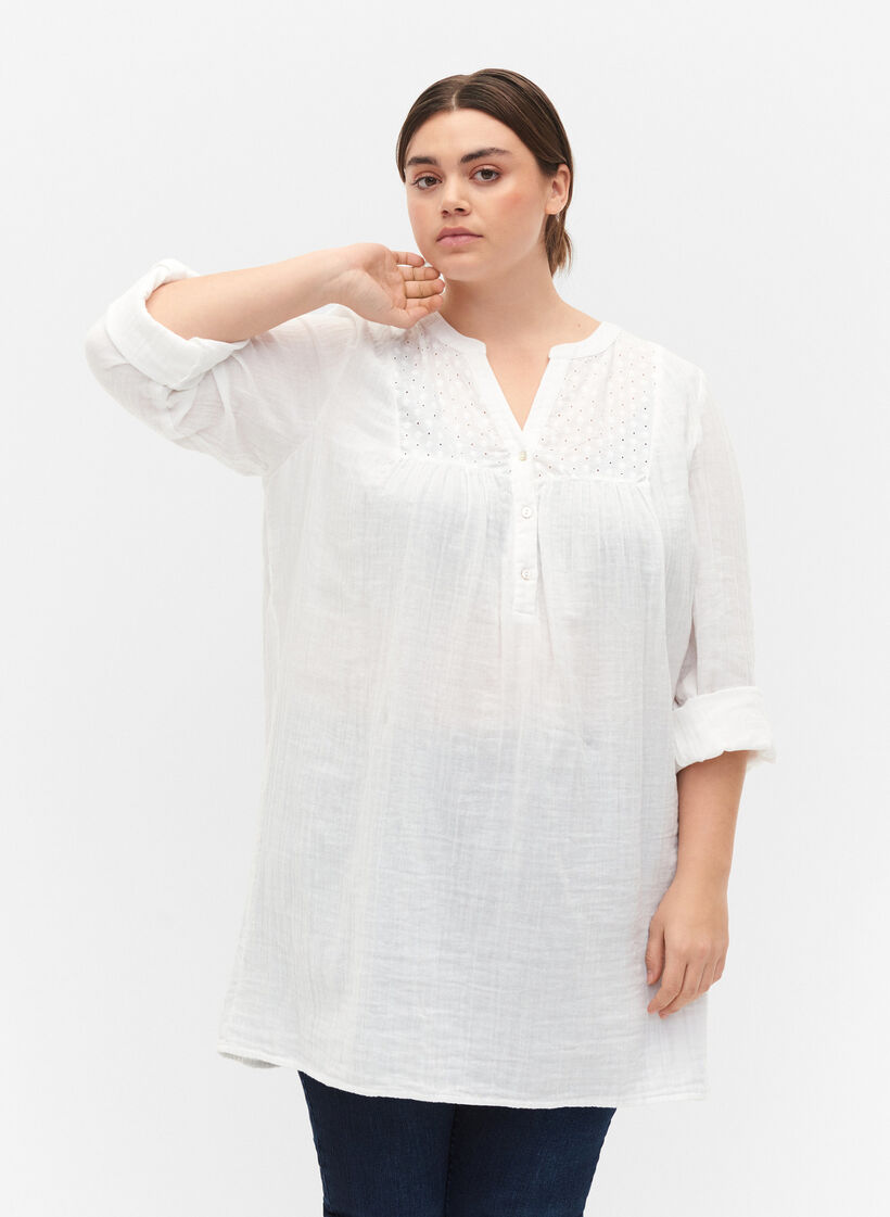 Tunika i bomull med broderi anglaise, Bright White, Model image number 0