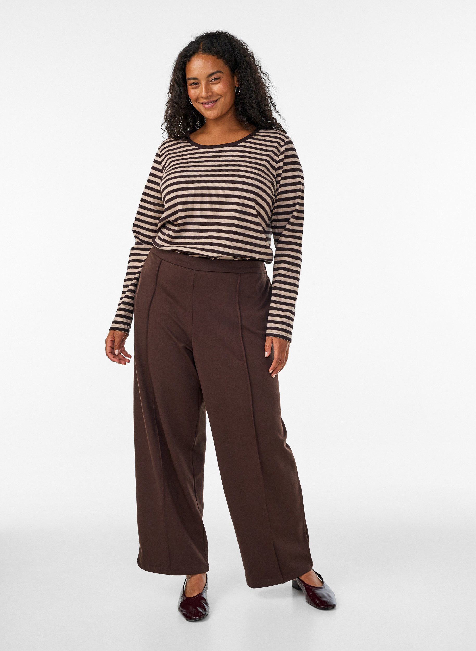 ZizziRandig blus med l&aring;nga &auml;rmar, Brun, Model image number 1