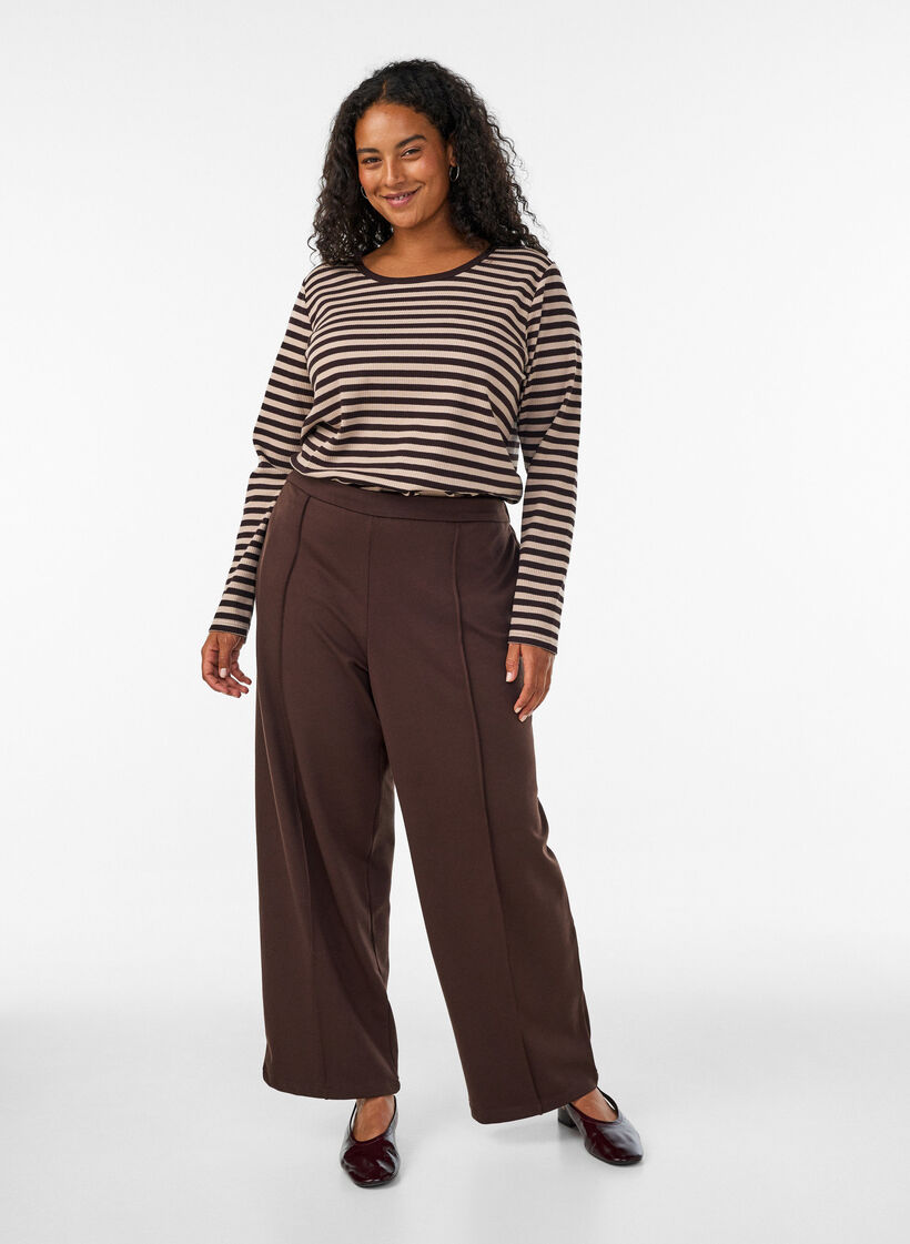 Randig blus med l&aring;nga &auml;rmar, Brun, Model image number 1