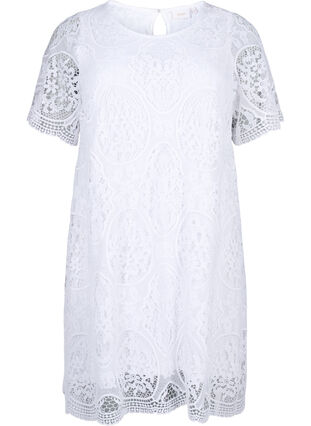 Kortärmad festklänning i spets, Bright White, Packshot image number 0