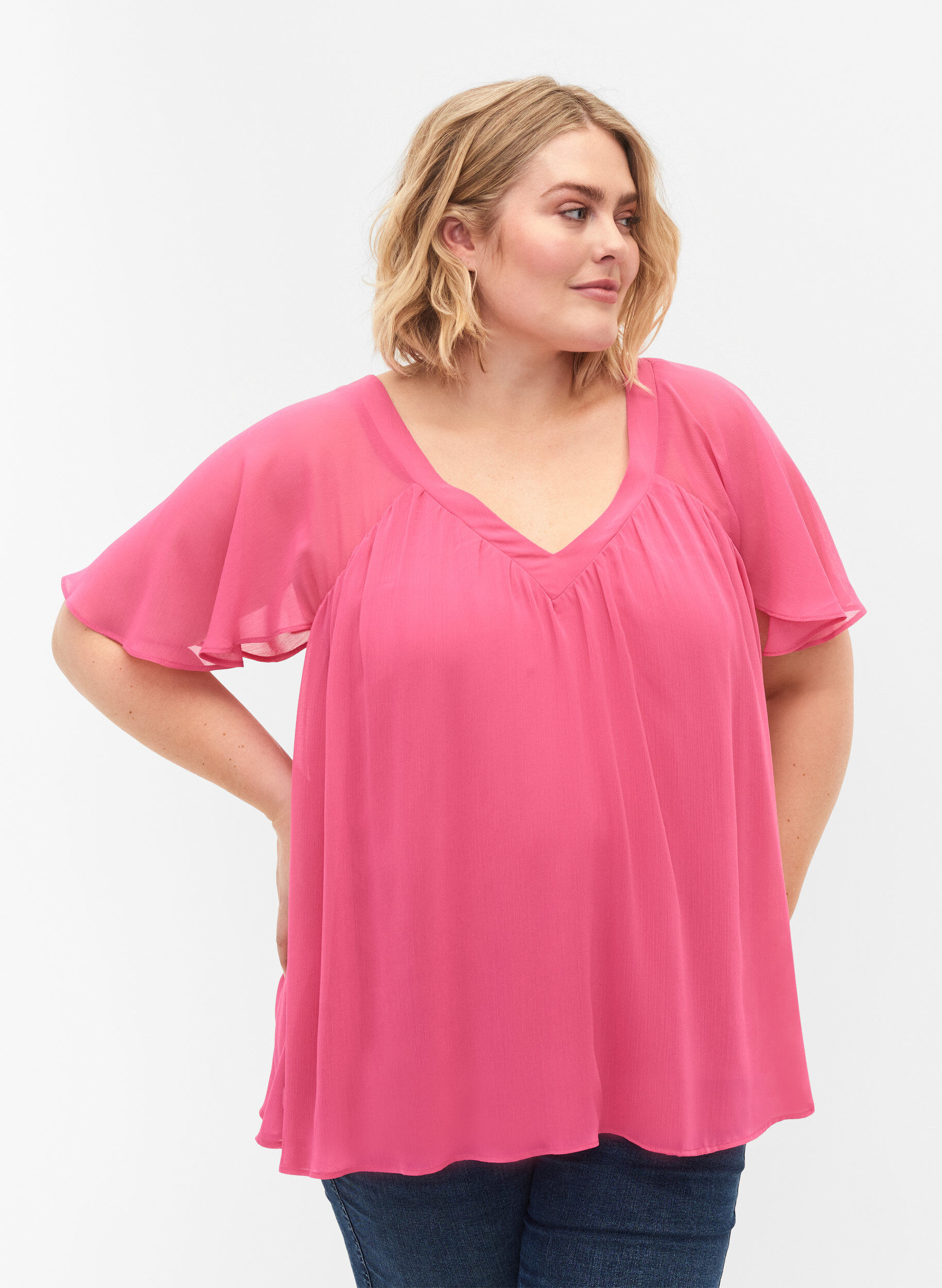 Zizzi Enf&auml;rgad blus med fladdermus&auml;rmar och V-ringad hals, Shocking Pink, Model image number 0