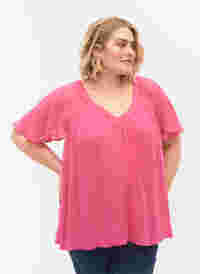 Enfärgad blus med fladdermusärmar och V-ringad hals, Shocking Pink, Model