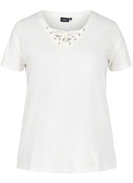 T-shirt i ekologisk bomull och v-ringning med snörning, Warm Off-white